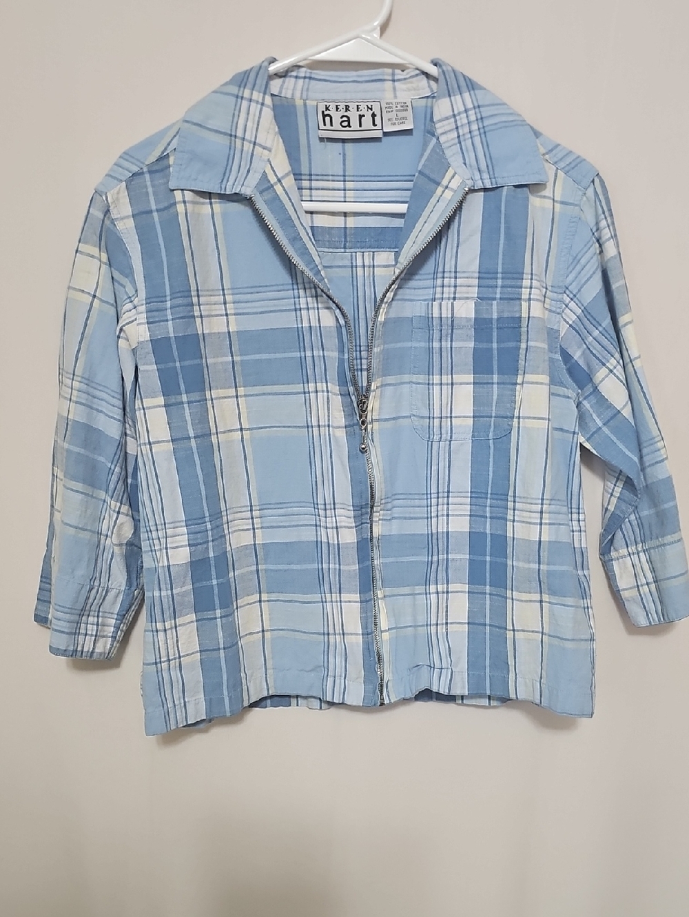 KEREN hart Blue and White Plaid Zip-Up Button Down Shirt Y2K Button Sleeve